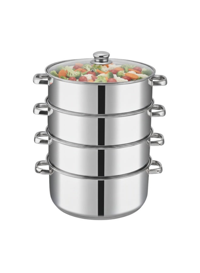 Vinod Stainless Steel 4-Tier Steamer with Glass Lid, 30 cm | 2.5 mm Thick Base | Multi-Purpose Steamer for Momos, Modaks, Vegetables & More | Riveted Handles | Induction & Gas Base - Image 1
